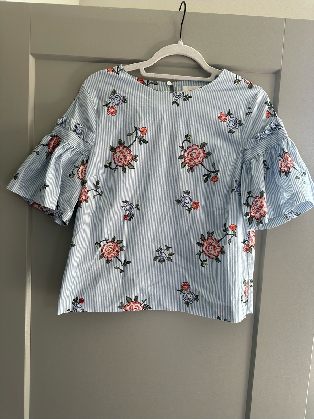H&M Blue Striped Floral Ruffle Sleeve Blouse